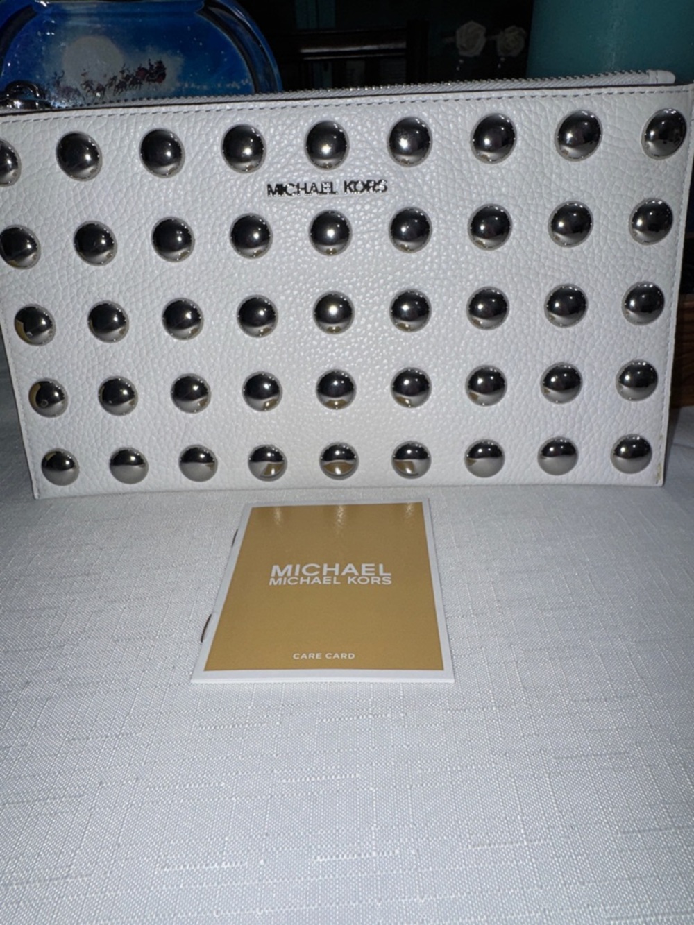 MICHAEL KORS White Studded Leather Wristlet Clutch